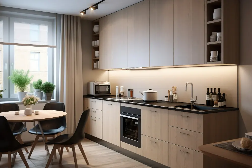 Modular kitchen with wooden finish cabinets in a Gurgaon home