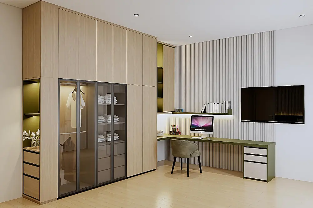 Modular wardrobe with study unit designed by Sierra Interiors